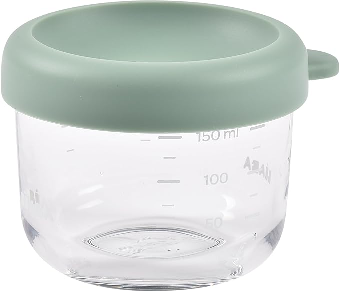 BEABA 5 oz Glass Baby Food Jars with Soft Silicone Air Tight Lids, Glass Storage Containers with Lids, Microwave and Freezer Safe Containers, Sage Green