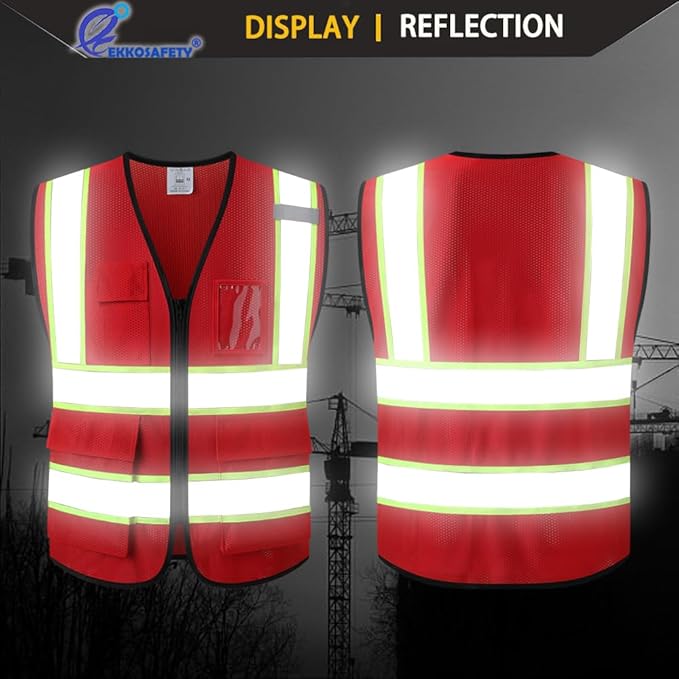 Reflective Mesh Safety Vest for Men Women with 5 Pockets and Zipper Front High Visibility Vest Hi Vis Construction Work Vest,Meets ANSI/ISEA Standards(EK175-Red-M)