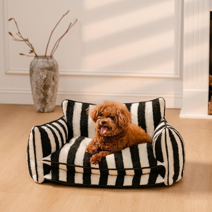 Lazy Holiday Plush Cozy Dog & Cat Sofa Bed, Teddy Velvet Dog Bed, Trendy Striped Faux Lambswool Double Layer Dog & Cat Sofa Bed Dogs Sleeping Mat for Medium Small Dogs & Cats (Pink,M)