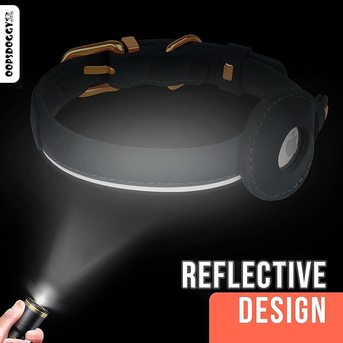 OOPSDOGGY Rolled Leather Dog Collar with Airtag Holder - Reflective Round Airtag Dog Collar - Soft Tracking Pet Collar for Small Dogs Puppy Cats Kitten (Red, XXL, 20"-24")
