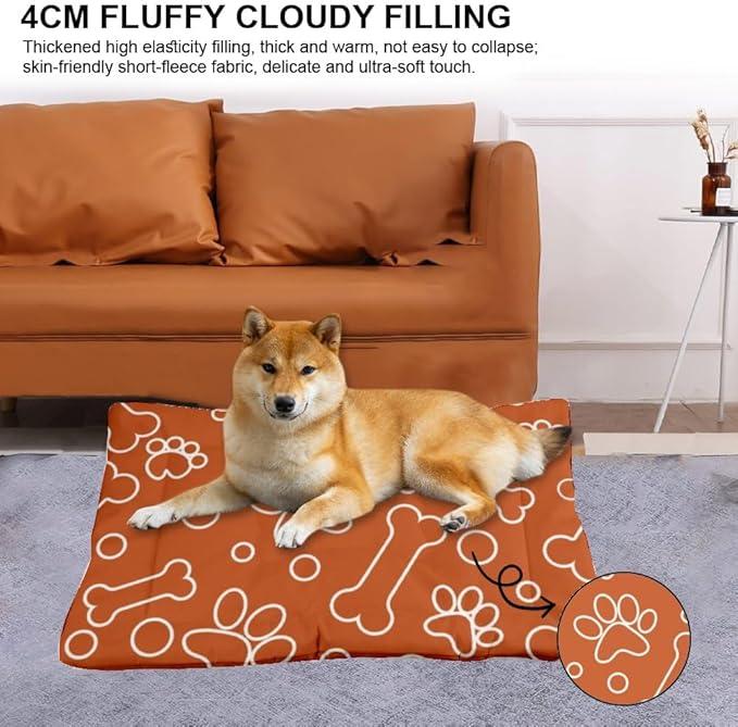 Orange Paw Print Bone Dog Beds and Furniture Dog Mats Puppy Pad Medium Bed for Crate Washable Non-Slip Puppy Bed for Crate Small Dogs Washable Mats Pillows Large Dogs Indoor Outdoor 36X24 Inch