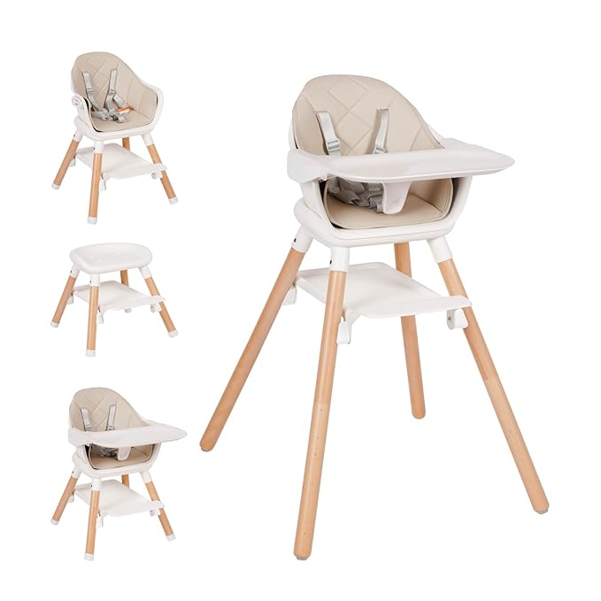Baby High Chair, 6 in 1 Wooden Convertible High Chairs for Babies and Toddlers, Booster Seat with Double Tray & Reversible Footrest Baby Highchair, 5-Point Harness Baby Feeding Chair, Beige