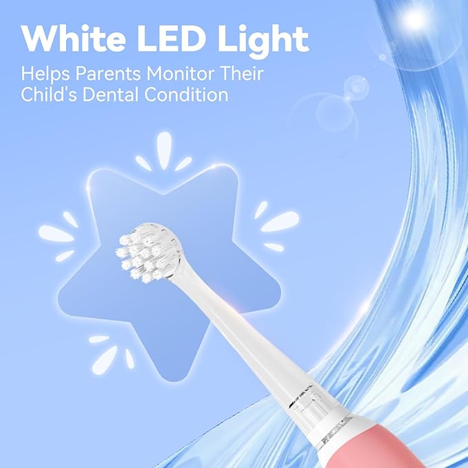 Toddler Electric Toothbrush, Soft Bristles, Colorful LED Light for Easy Checkups, Makes Brushing Fun, 2-Minute Timer for Proper Brushing, Cute Design, IPX7 Waterproof, Includes AAA Battery (Pink)