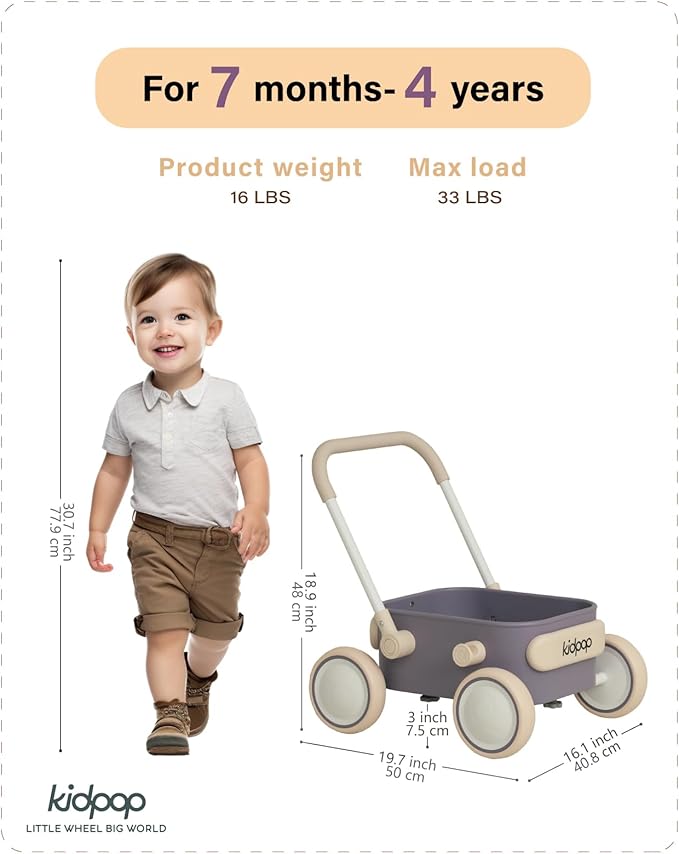 Kidpop PULA 2-in-1 Push and Pull-Along Wagon, Baby Push Walker for First Learner from 7 Month to 4 Year, One Year Birthday Gifts, Sturdy and Safe, Indoors and Outdoors (Purple)