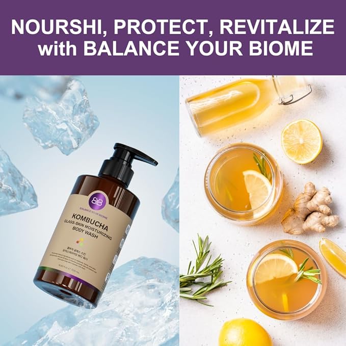 BALANCE YOUR BIOME Kombucha Glass-Skin Moisturizing Body Wash, K-Beauty,Fermented soybean, barley, Pear Juice, Pomegranates,12 Vitamins, Nurishing, Cleansing, 16.9 fl.oz.500ml, No Silicone