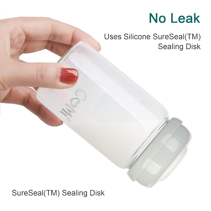 COMI Wide Neck Glass Breastmilk Collection n Storage Bottle, 6oz with Screw Ring Sealing Disk; Re-markable Sealing Disc. BPA Free, Fits Breast Pumps & Nipples (2 Pack Gray Lids)