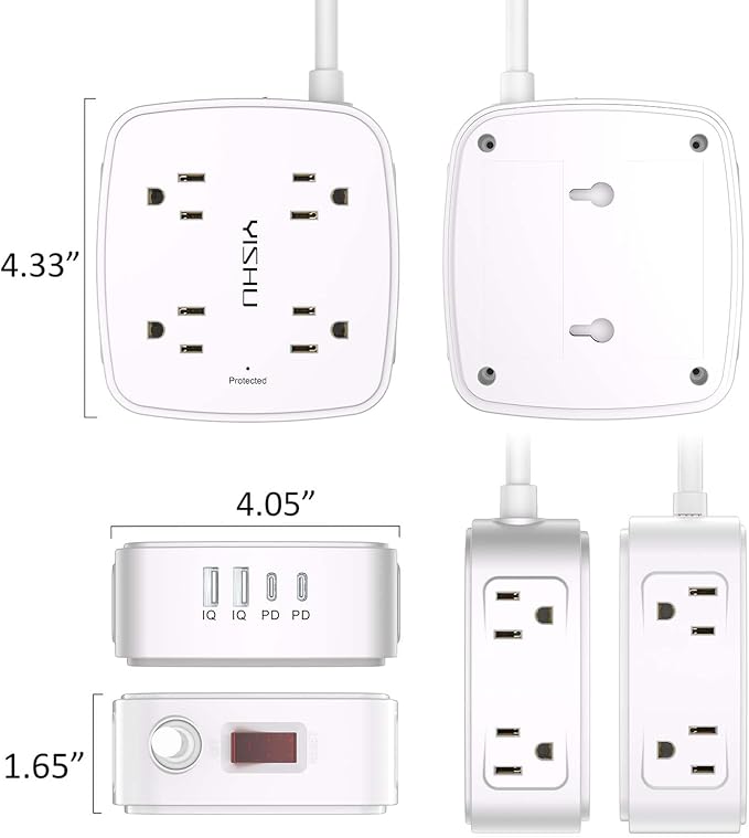 Surge Protector Power Strip - YISHU 8 Widely Outlets with 2 USB-C(PD 30W) and 2 USB-A Ports, 3 Side Outlet Extender with 6Ft Flat Plug Extension Cord, Wall Mount, Desk USB Charging Station, ETL,White
