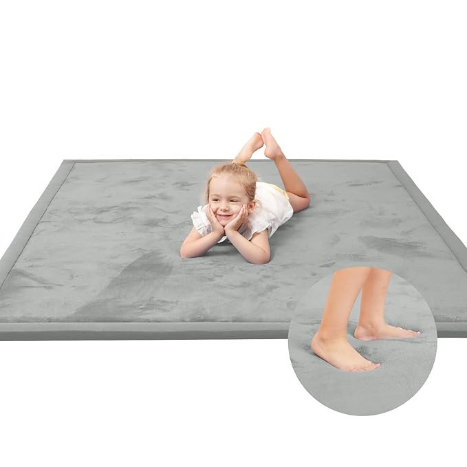 Baby Play Mat for Floor,1.3" Thick Memory foam Tummy Time Mat,Water Repellent Soft Velvet Nursery Rug,Extra Large Non Slip for Crawling,Toddlers,Infants,kids,Tatami Style for Living Room(Light Grey)