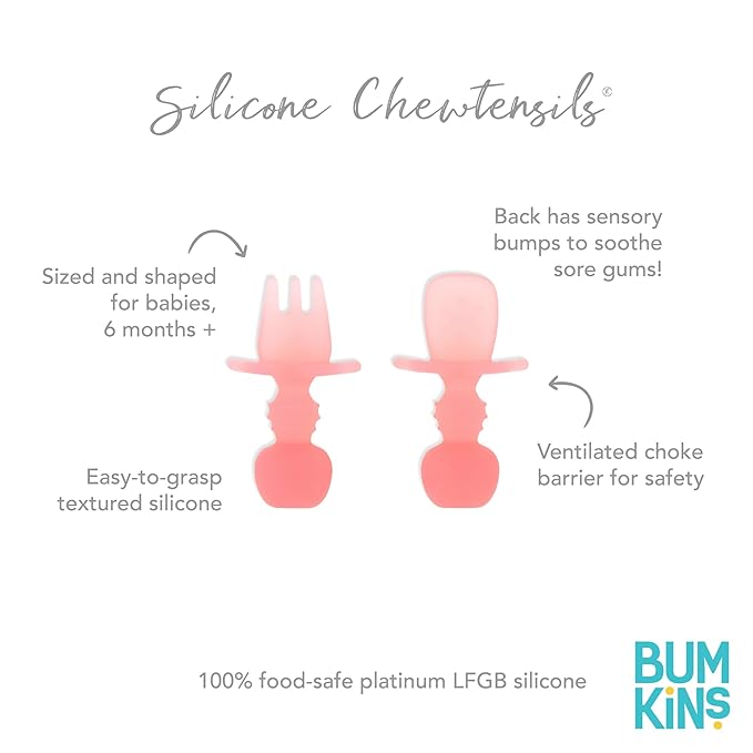 Bumkins Baby Utensils Set, Chewtensils Silicone Spoons for Dipping, Self-Feeding, Baby Led Weaning, Trainer Learning, First Stage Eating, Soft Practice Fork and Spoon, Babies 6 Months, Pink Jelly