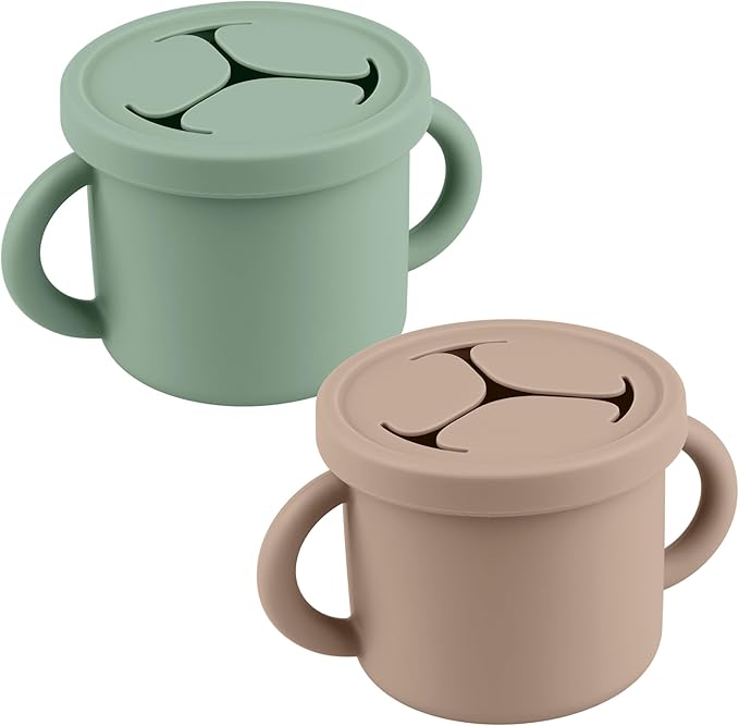 Snack Containers for Toddlers, Kids - 2 Pack Food Grade Silicone Snack Cups with Grip Handle (Natural/Sage)