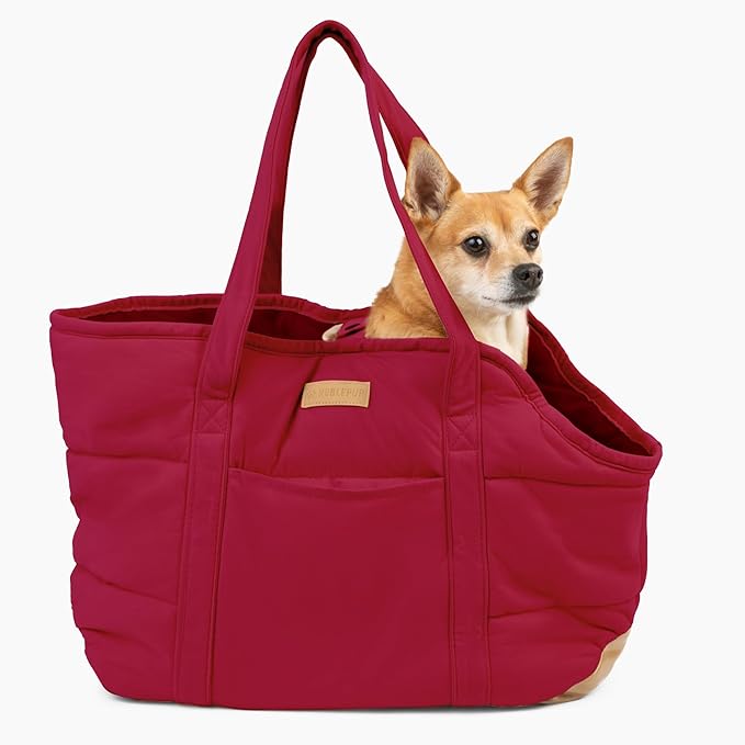 Plush Dog Purse Carrier for Small Dogs, Soft Dog Tote Bag with Safety Harness Clip, Cozy Pet Carrier for Dogs Under 15 lbs, Comfortable Dog Shoulder Carrier for Travel, Red