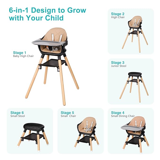 Baby High Chair, 6 in 1 Wooden Convertible High Chairs for Babies and Toddlers, Booster Seat with Double Tray & Reversible Footrest, 5-Point Harness Infants Feeding Seat, Black