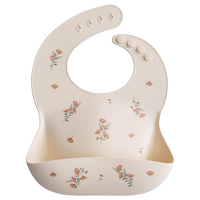 mushie Silicone Baby Bib | Adjustable Fit Waterproof Bibs (Pink Flowers)