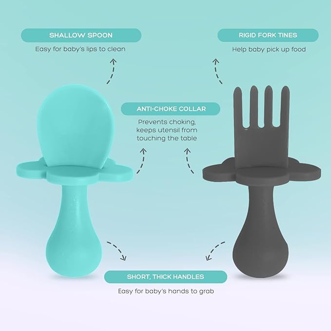Grabease Baby Spoons and Forks Utensils for Toddlers Infants BPA-Free & Phthalate-Free Baby Silverware, 2 Sets, Teal and Gray - Infant Spoon - Toddler Fork