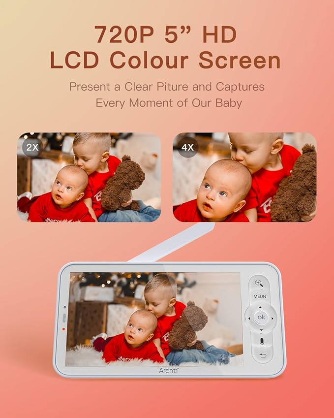 ARENTI Baby Monitor 2 Cameras, 2K Video Baby Camera with 5-Inch Upgraded Wireless Display, Super Night Vision, Lullabies, Cry & Motion Detection, Temp & Humidity Sensor, Two Way Audio