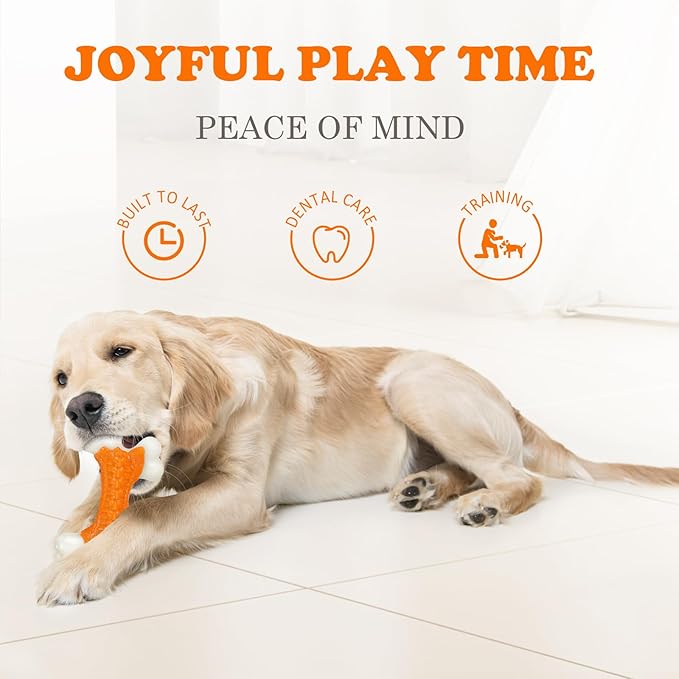 Indestructible Dog Toys for Aggressive Chewers: Peanut Butter Flavored Hard Nylon Bone Chew Toys, Tough Dog Chew Toys for Large Dogs, Dog Toys to Keep Them Busy for Medium Large Breed, Orange