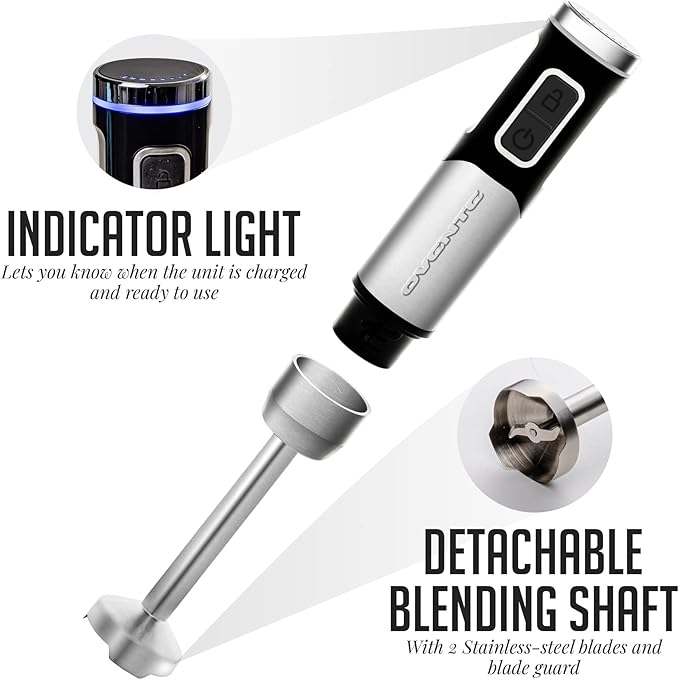 OVENTE Cordless Immersion Hand Blender, Rechargeable Handheld Portable Stick Mixer with 8 Mixing Speed Option, One-Touch Control and Stainless Steel Blades for Smoothies, Shakes or Soups, Black HR981B
