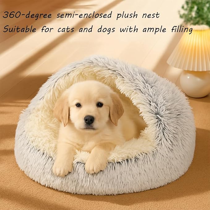 Plush Fluffy Dog and Cats Round Bed, Ultra-Soft Plush with Raised Rim, Non-Slip Bottom, Plush Cat Bed with A Cover, for Small Dogs and Cats (Gray, Small)