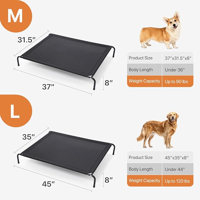 Elevated Dog Bed, Raised Outdoor Dog Cots Beds for Medium Dogs, Waterproof for Indoor & Outdoor, Cooling Hammock Cot with Breathable Mesh, Black, 37 Inches