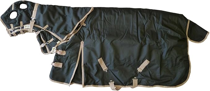 AJ Tack 1200D Waterproof Winter Horse Blanket with Hood - 400g Heavyweight Turnout with Fleece Collar, Shoulder Gussets & Tail Flap - Black 66"