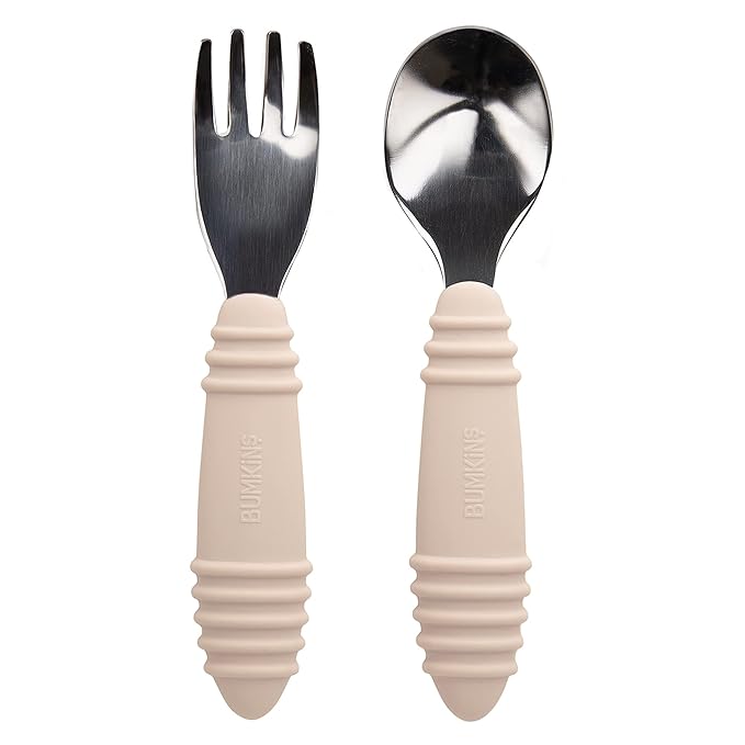 Bumkins Toddler Utensils, Kids Size Fork and Spoon Set, Silicone and Stainless-Steel Training Silverware, Angled Forks/Sporks for Self-Feeding, Children Hold Learning to Eat, 18 Mos Up, Sand Beige