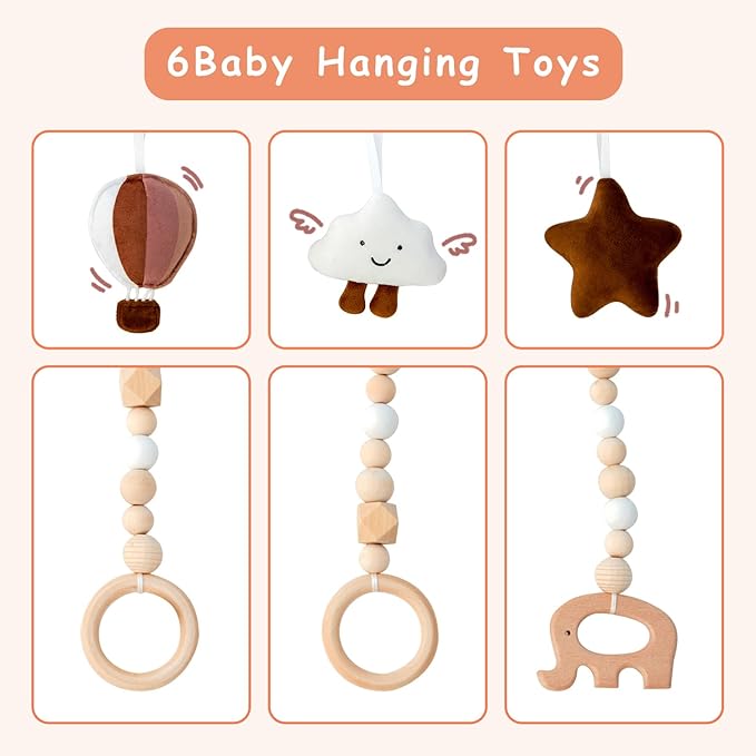 Razee Wooden Baby Play Gym Play Mat, Foldable Baby Gym with 6 Hanging Sensory Toys for Newborn Shower Gift