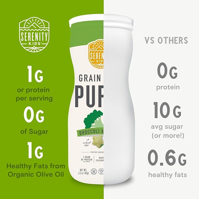 Serenity Kids 6+ Months Baby Veggie Puffs Toddler Snacks - Grain & Gluten-Free No Added Sugar - Organic Cassava Broccoli & Spinach - 1.5 Oz, 6 Pack