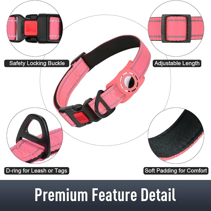 Airtag Dog Collar with AirTag Holder for Puppy Small Dogs, Reflective, Soft Padded & Safety Locking Buckle, Nylon Pet Collars Adjustable for All Breeds, Pink,XS