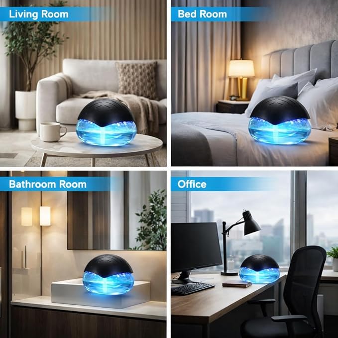 Water Air Washer for Home, Humidifier & Essential Oil Diffuser, 7-Color LED Mood Light, Auto Shut-Off, Includes 24x10ml Essential Oils Variety Set, Air Freshener for Pet & Smoke Odors, Black