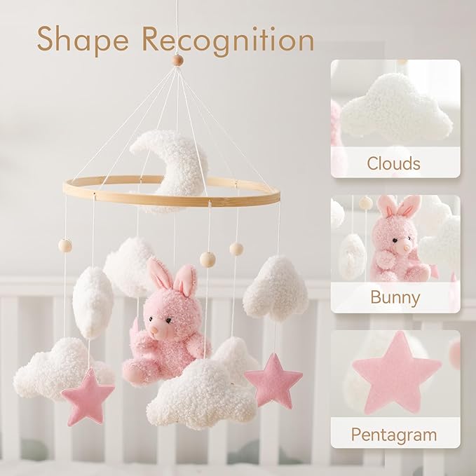 EERKEOD Baby Crib Mobile Bunny Nursery Mobile for Boys Girls Teddy Velvet Mobile Nursery Decor for Infant Bedroom Hanging Baby Mobile for Bassinet Newborn Baby Gift（Pink Bunny）