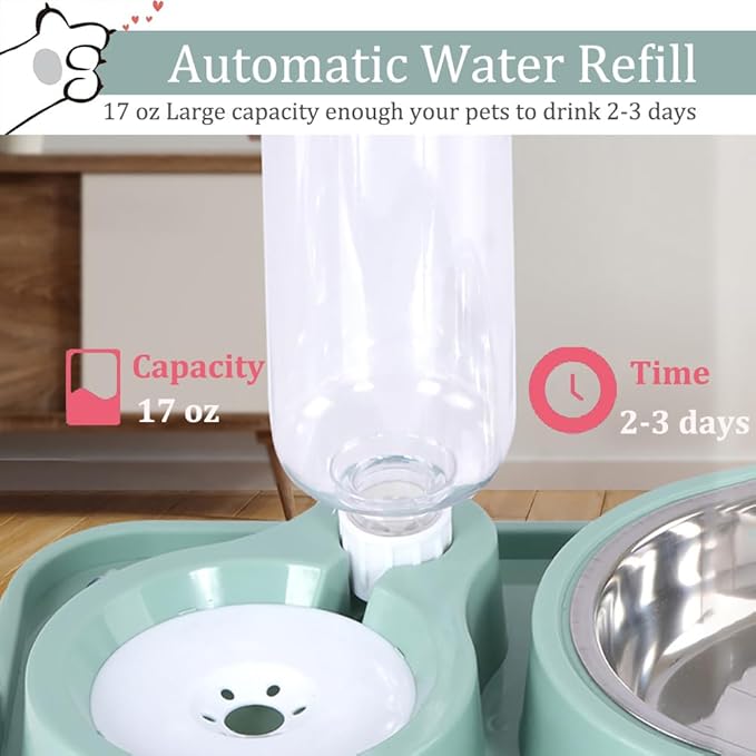 Dog Bowls, Non-Slip Puppy Cat Food and Water Bowl Set with Water Dispenser and Stainless Steel Bowl Detachable Gravity Pet Feeder and Waterer Set for Dogs (Pink, 1000ML)