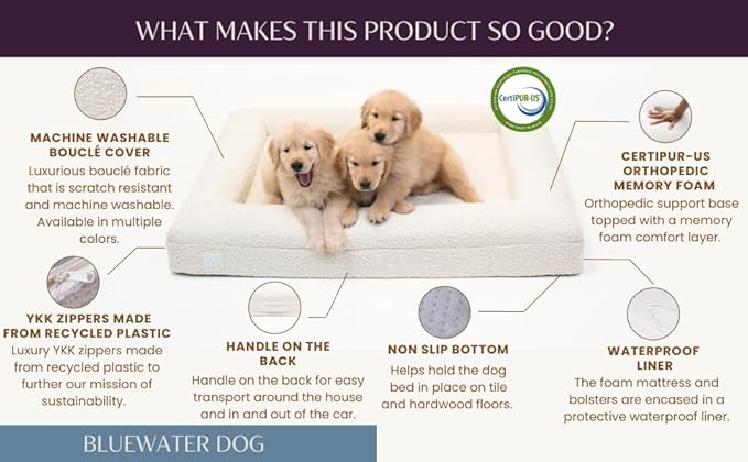 Luxury Boucle Orthopedic Memory Foam Dog Bed with Waterproof Liner and Machine Washable Cover with YKK Zippers (Medium 37" L x 30" W x 6" Th, Cloud)