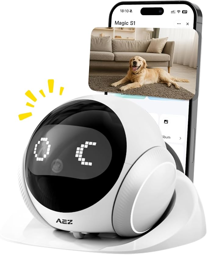 AEZ Pet Camera 1080P HD Lens Cat/Dog Camera Robot,Indoor Movable with Auto-Recharge, 2-Way Audio,Blinky Bot with Night Vision,Smart App Control for Cats/Dogs/Baby/Elderly (SD/Cloud Storage)