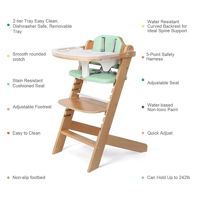 Cowiewie Natural Wooden High Chair for Babies & Toddlers 3-Tier Remove Adjustable Tray and Highchair with Cushions, Easy to Clean, Portable(Green)