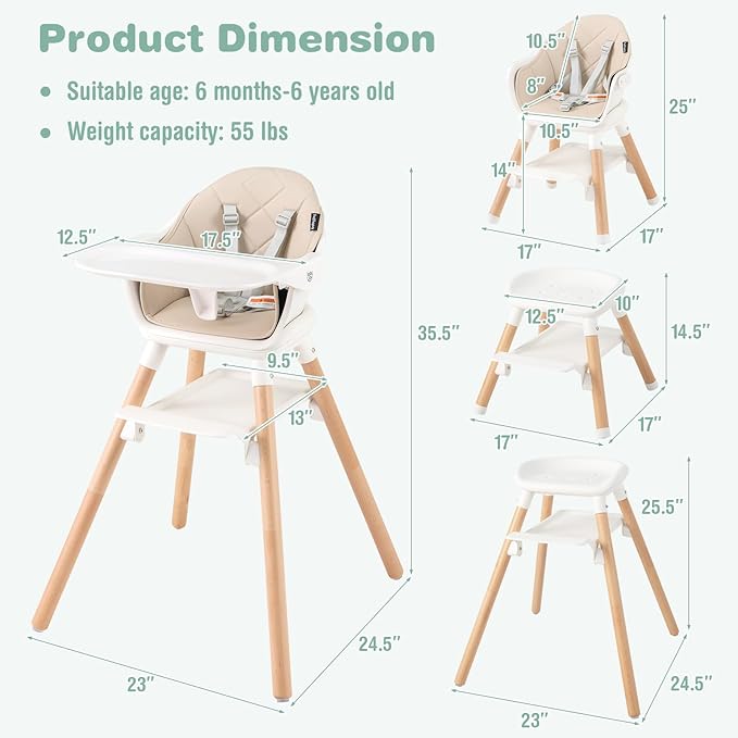 BABY JOY High Chair, 6 in 1 Convertible Wooden Highchair for Babies & Toddlers with Adjustable Legs, Double Removable Tray, Safety Harness & Waterproof PU Cushion (Beige)