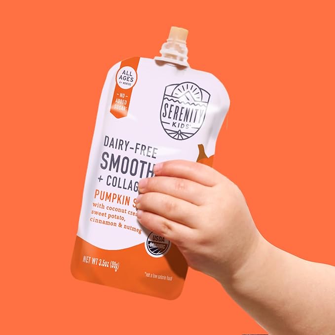 Serenity Kids 6+ Months Dairy-Free Smoothie Baby Food - USDA Organic Grass-Fed Collagen & Pumpkin Protein - 3.5 Oz BPA-Free Cans - Pumpkin Smoothie Baby Food - 6 Count