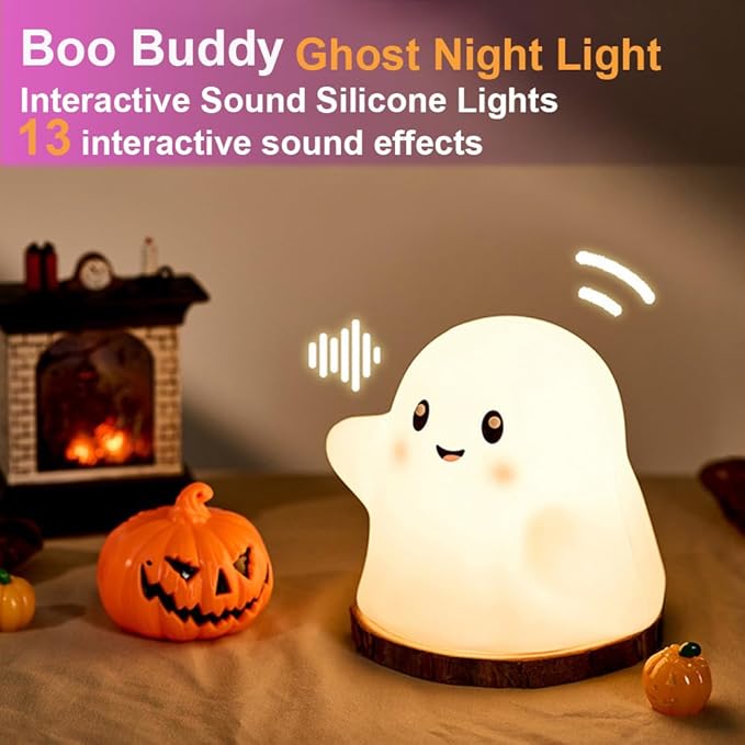 Ghost Night Light for Kids, Silicone Nursery Nightlight with 13 Interactive Sound Effects ,Halloween Decor Lamp Adjustable Dimmable Lamp with Touch Sensor Children's Christmas Gifts (white ghost)