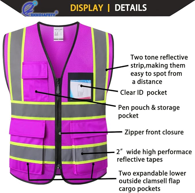 Purple Safety Vest for Men Women Reflective with 8 Pockets and Zipper Front Mesh High Visibility Vest Hi Vis Construction Work Vest,Meets ANSI/ISEA Standards(EKH1-Purple-XL)