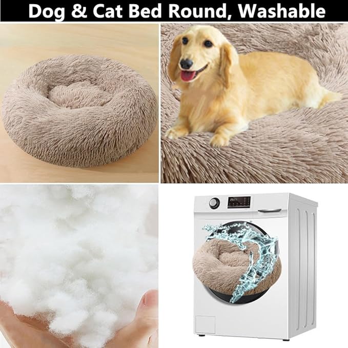 Calming Dog & Cat Bed, 24 Inch Anti-Anxiety Donut Cuddler Cat Bed with Anti-Slip Bottom, Washable Round Fluffy Pet Bed for Small Medium Dogs and Cats (Coffee White)