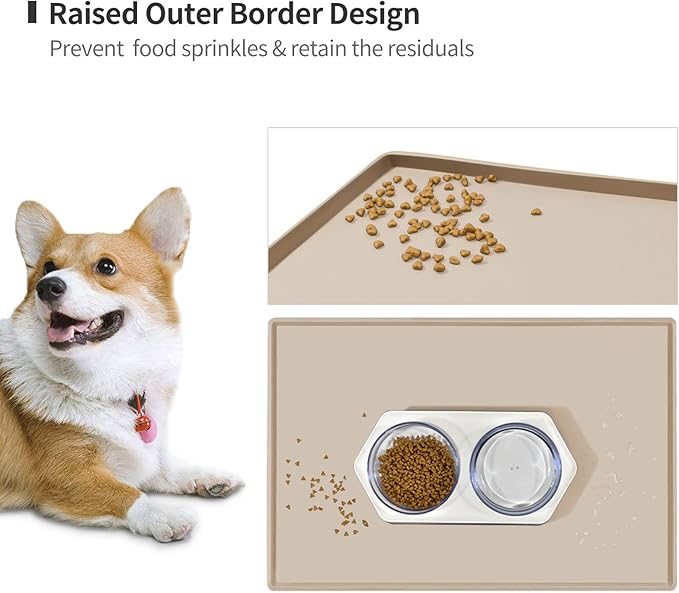 Dog Food Mat,Silicone Waterproof Food Tray,Non Slip Pet Bowl Mats Placemat,0.6" Raised Edge,Suitable for Most Small and Medium Sized Pets,18.5" x 11.5"