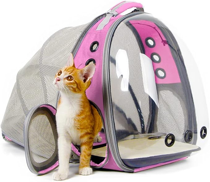 halinfer Expandable Pink Cat Backpack Carrier, Fit up to 12 lbs, Space Capsule Clear Bubble Window Pet Carrier Backpack for Kitten Bunny Rabbit and Small Puppy