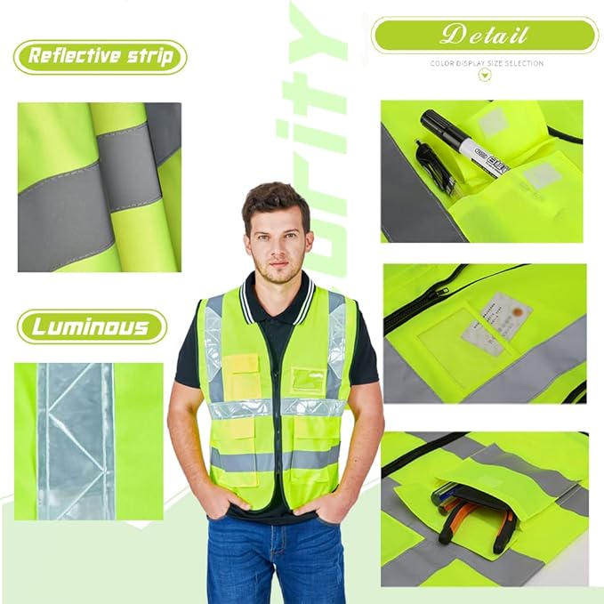 YOWESHOP High Visibility Safety Vest Custom Your Logo Protective Workwear 5 Pockets With Reflective Strips Outdoor Work Vest (S, Yellow Orange Luminous)