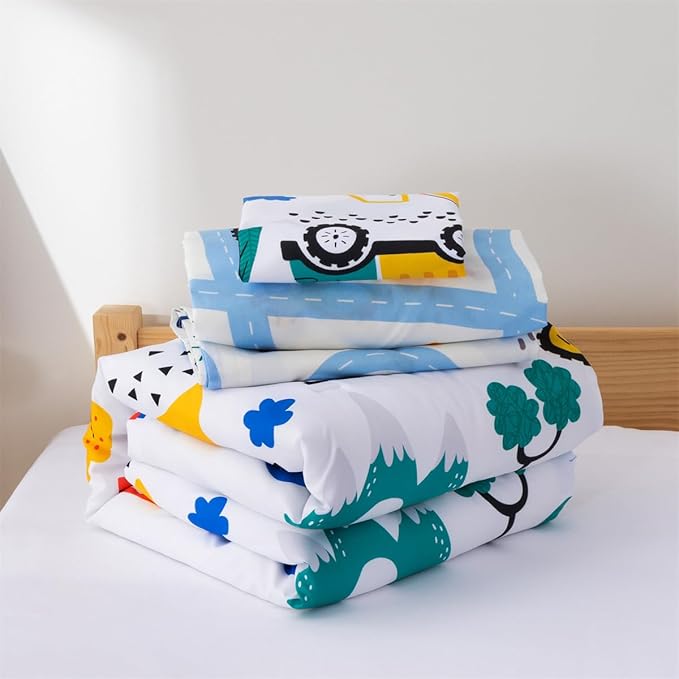 NTBED 4 Pieces Construction Toddler Bedding Set for Baby Boys,Tree Truck Vehicles Excavator Cars Printed, Includes Comforter, Flat Sheet, Fitted Sheet and Pillowcase,Blue