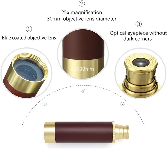 Retro Pirate Telescope Zoomable 25x30 Spyglass Portable Collapsible Handheld Telescope Vintage Monocular for Kids & Survival Gear Compass Pocket Military Compass for Camping Boating