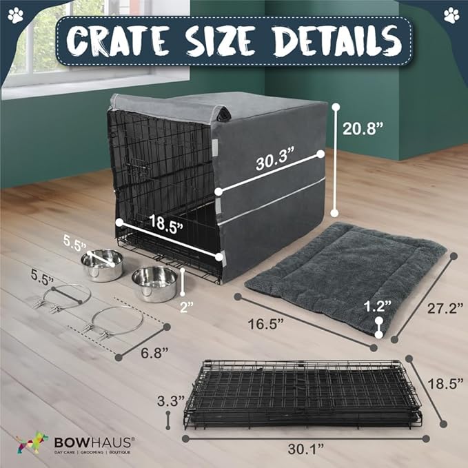 30-Inch Single Door Dog Crate Kit Includes Crate Cover, Dog Bed & 2 Bowls and Bowl Racks, Indoor Dog Cage Bundle Set, Foldable Wire Metal Dog Kennel w/Pan for Small, Medium Dog