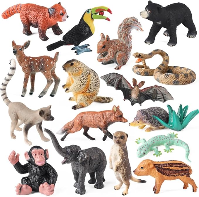 EOIVSH 16pcs Forest Animal Figures, Plastic Jungle Wild Animal Toys Figurines, Toy Figures & Playset Gift for 3 4 5 6 7 Boys Girls, Cake Topper