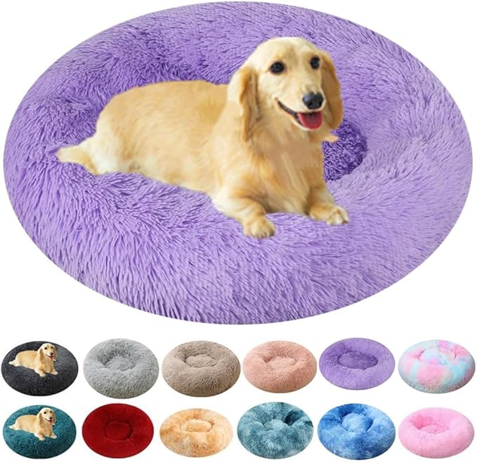 Calming Large Dog Bed & Cat Bed, 43 Inch Anti-Anxiety Donut Dog Cuddler Cat Bed, Warming Cozy Soft Dog Round Bed, Fluffy Faux Fur Machine Washable Pet Cushion for Medium Dogs & Cats (Purple)
