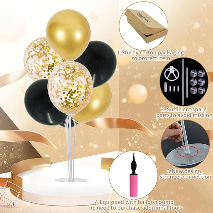 TONIFUL 6 Set Balloon Centerpieces for Table Black Gold Confetti Balloon Stand Kit for 2025 Graduation Party Decoration Birthday Anniversary Halloween 2025 Party Decorations