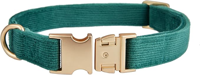 Soft Cotton Dog Collar with Metal Buckle Adjustable Heavy Duty Comfy Corduroy Collars for Small Medium Large Dogs,Dark Green,Small