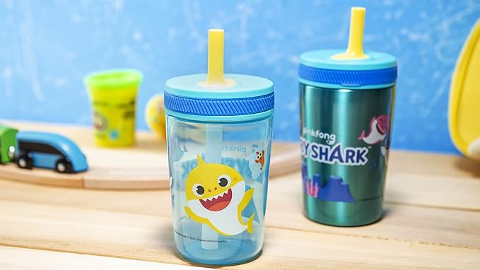 Zak Designs Baby Shark Kelso Tumbler Set, Leak-Proof Screw-On Lid with Straw, Bundle for Kids Includes Plastic and Stainless Steel Cups with Bonus Sipper (3pc Set, Non-BPA)15 fl oz.